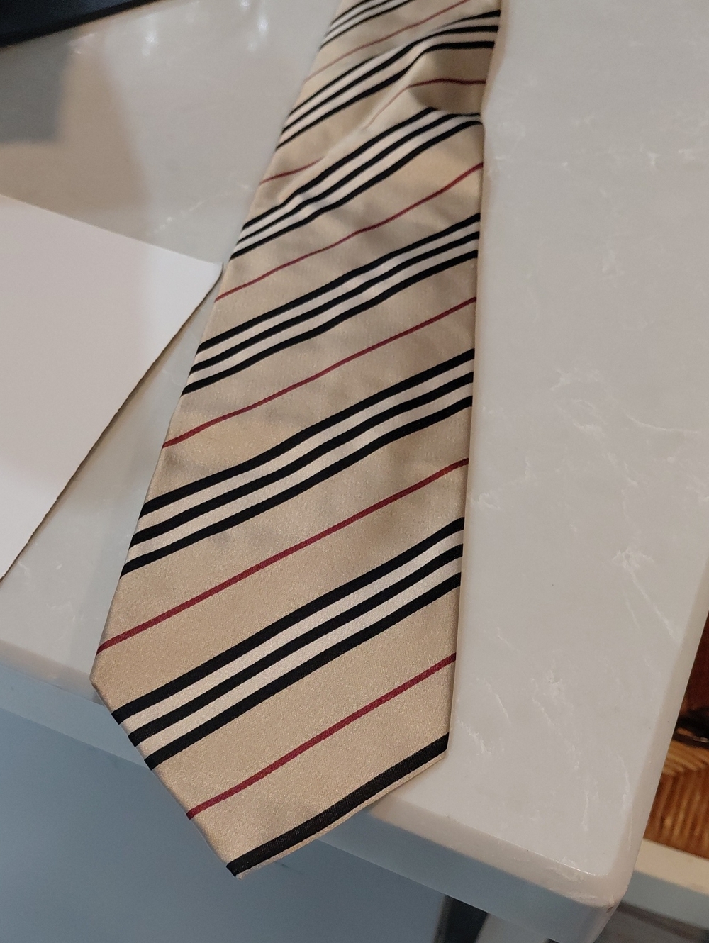 Burberry Beige Tie with Black and Red Stripes